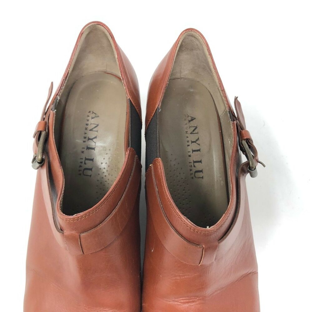 Anyi Lu Melanie Bootie Womens Size 10 / 40 Rust‎ Brown Leather Peep Toe Wedge - Picture 4 of 9